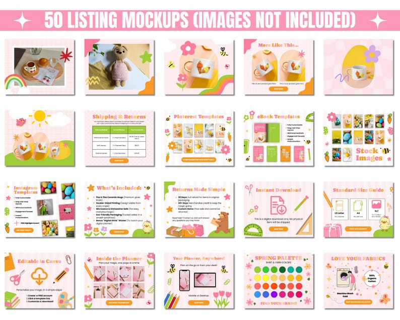 A collage of 20 vibrant, colorful design mockup templates with playful elements like flowers, bees, and rainbows, titled "50 Listing Mockups."