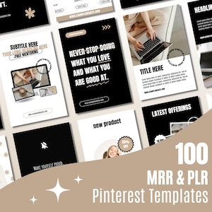 Könnte beinhalten: Eine Sammlung von 100 Pinterest-Vorlagen für das Marketing und die Promotion Ihres Unternehmens. Die Vorlagen zeichnen sich durch ein Schwarz-Weiß-Farbschema mit modernem Design aus. Der Text auf den Vorlagen enthält Sätze wie "Hör niemals auf, das zu tun, was du liebst" und "Sei stolz auf dich".
