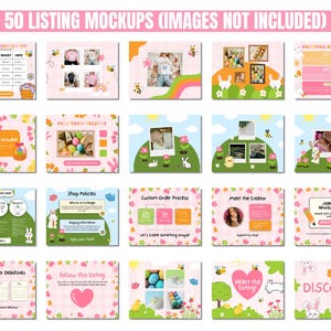 A grid of 20 colorful listing mockups with playful themes. Designs feature bunnies, rainbows, flowers, and bees, conveying a cheerful, whimsical tone.