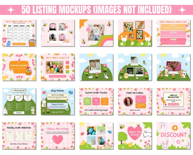A grid of 20 colorful listing mockups with playful themes. Designs feature bunnies, rainbows, flowers, and bees, conveying a cheerful, whimsical tone.