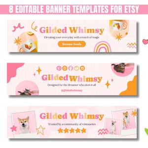 Three colorful Etsy banner templates with playful designs, featuring cats and dogs, stars, and decorative elements. Brand name "Gilded Whimsy" is prominent, conveying a whimsical, inviting tone.