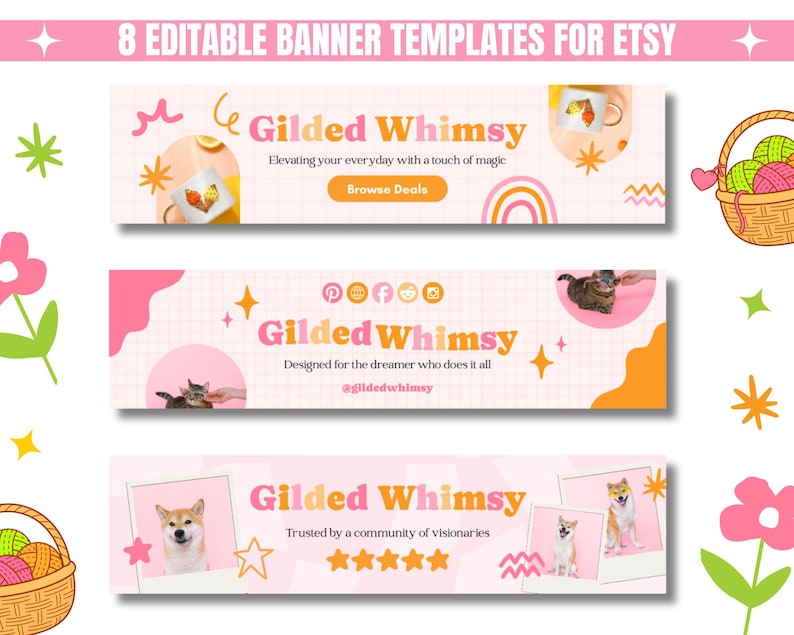 Three colorful Etsy banner templates with playful designs, featuring cats and dogs, stars, and decorative elements. Brand name "Gilded Whimsy" is prominent, conveying a whimsical, inviting tone.