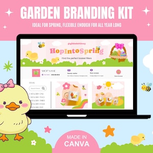 Laptop displaying a colorful spring-themed Garden Branding Kit website, surrounded by playful cartoon bees, flowers, and a duck with a pink bow. This bright, cheerful scene showcases an Etsy Shop Branding Kit with MRR PLR rights and complete shop templates.