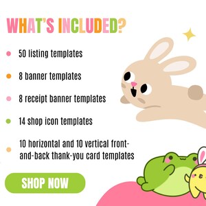 Colorful template package list with playful decorations. A cute bunny and frog with chicks adorn the right. "Shop Now" button in green below.