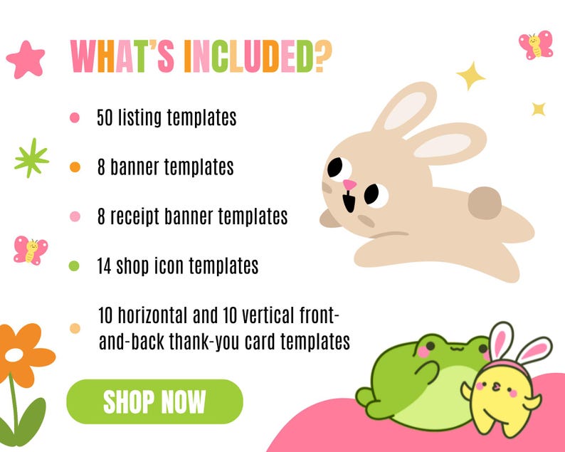 Colorful template package list with playful decorations. A cute bunny and frog with chicks adorn the right. "Shop Now" button in green below.