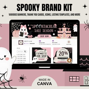 Kit de tienda Etsy Coquette Halloween, banners Etsy Halloween, kit de marca Etsy Cute, plantillas premium editables de Canva para tiendas Etsy para Halloween.