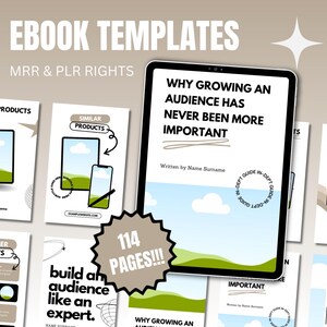 Może przedstawiać: Szablon ebooka marketingu cyfrowego z zielonym i niebieskim tłem krajobrazu. Tytuł to "Dlaczego budowanie publiczności nigdy nie było ważniejsze". Ebook zawiera 114 stron i został napisany przez Name Surname. Szablon zawiera sekcję podobnych produktów, recenzje klientów i zarys rozdziałów.