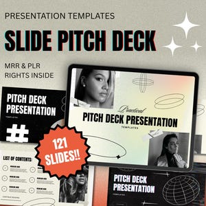 以下が含まれることがあります： 「Slide Pitch Deck」というタイトルのデジタルプレゼンテーションテンプレートで、「MRR & PLR Rights Inside」というテキストが入っています。画像には、プレゼンテーションを表示するタブレットと、他のプレゼンテーションスライドが写っています。プレゼンテーションには「121 Slides!!」というテキストが含まれています。