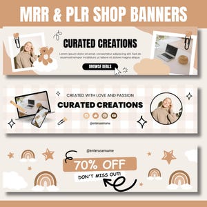 Puede incluir: Tres diseños de banners para una tienda online que vende productos digitales. Los banners presentan un fondo a cuadros, una nube blanca, un arcoíris y una estrella. El texto en los banners dice "Creaciones Curadas", "Creado con Amor y Pasión", "70% de Descuento" y "¡No te lo pierdas!"
