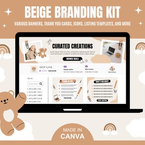 Kit de identidad visual para tienda Etsy en color beige / Plantilla de banner para Etsy / Paquete de maquetas de anuncios / Banner de recibo / Tarjetas de agradecimiento / Iconos y logotipos de tienda en Canva