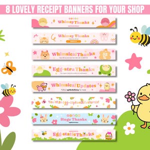 Eight colorful receipt banners with cute animal graphics, including a duck and bee, featuring playful thank you messages on a pink floral backdrop.