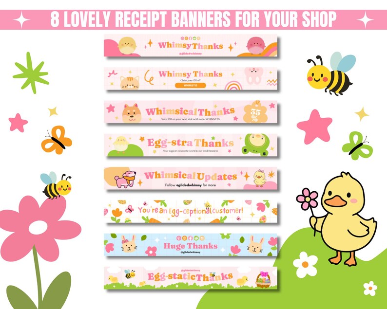 Eight colorful receipt banners with cute animal graphics, including a duck and bee, featuring playful thank you messages on a pink floral backdrop.