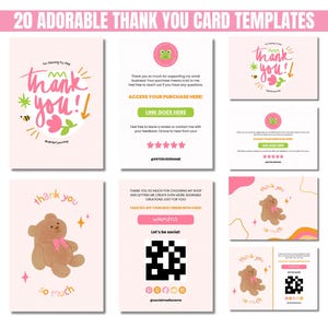 A collage of six cute thank you card templates with pastel colors and playful designs. Elements include flowers, a teddy bear, and a cheerful duck.