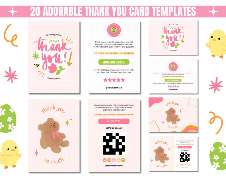 A collage of six cute thank you card templates with pastel colors and playful designs. Elements include flowers, a teddy bear, and a cheerful duck.