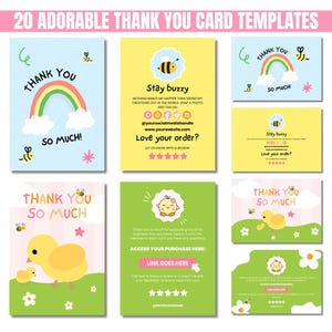 Cute thank you card templates with rainbows, bees, and ducks on pastel backgrounds. Designs include playful doodles like carrots and eggs for a cheerful tone.