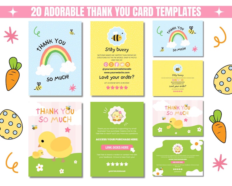 Cute thank you card templates with rainbows, bees, and ducks on pastel backgrounds. Designs include playful doodles like carrots and eggs for a cheerful tone.