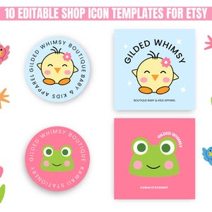 Cute Etsy shop icon templates featuring adorable cartoon characters: a chick and a frog. Surrounding floral and star elements create a playful tone.