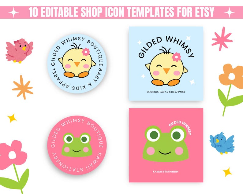 Cute Etsy shop icon templates featuring adorable cartoon characters: a chick and a frog. Surrounding floral and star elements create a playful tone.