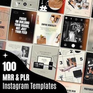 Puede incluir: Un conjunto de 100 plantillas de Instagram con diversos diseños y superposiciones de texto. Las plantillas incluyen gráficos, fotos y texto como "Focus on Building Your Brand" y "Empire Mentality". La paleta de colores es neutra con toques de color.