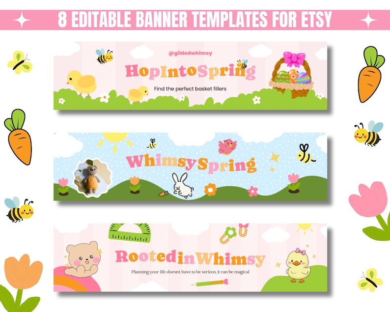 Three colorful Etsy banner templates with spring themes. Each banner features playful designs with chicks, bees, flowers, and whimsical text. Tone is cheerful and inviting.