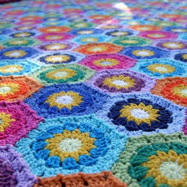 One-of-a-kind Crocheted Cotton Hexagon Blanket - Made in Finland - FREE SHIPPING