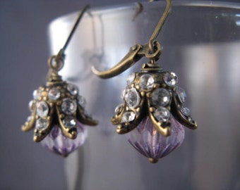 Ornate Brass, Rhinestone, and Glass Earrings