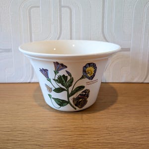 May include: A white ceramic bowl featuring a botanical illustration of purple and blue Convolvulus flowers with green leaves and a butterfly. The text CONVOLVULUS Trailing Bindweed is printed in black near the blue flower on the exterior surface.