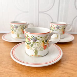 May include: A set of three white ceramic teacups and saucers. Each cup and saucer has a red trim. The cups are decorated with a colourful fruit tree design. The saucers have a matching red trim.