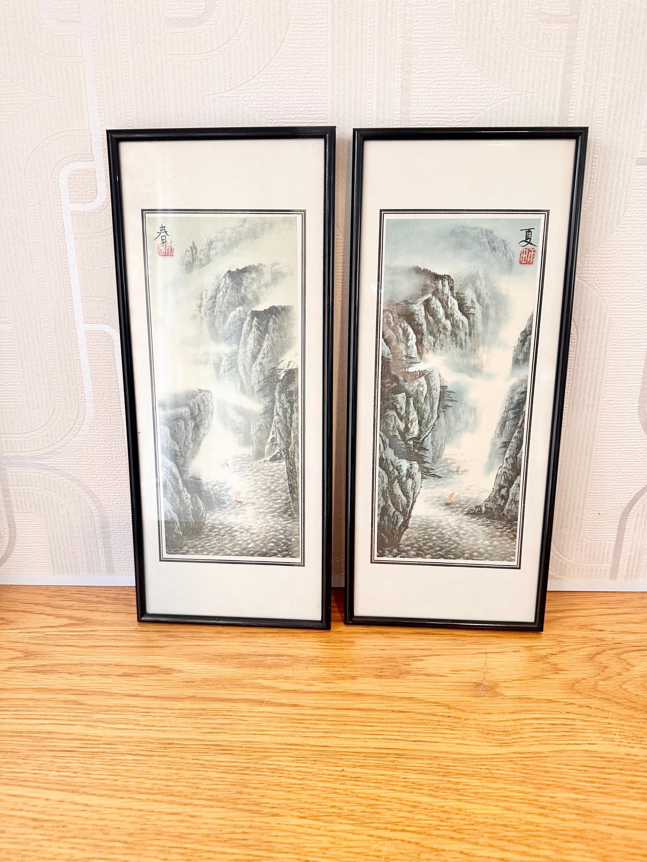 旬 Landscapes SYUN-006 Pair Chinese Framed Mountain Landscapes Titled Spring and Summer