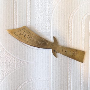 Trench art WWI letter opener, inscribed Jeumont & Paris, 1919