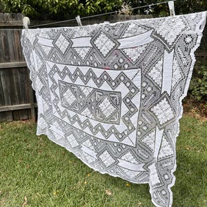 Large rectangular vintage filet lace crocheted tablecloth
