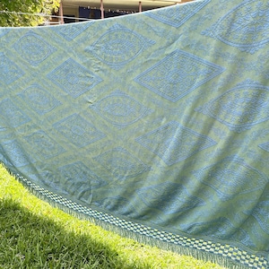 May include: A large textile with a repeating pattern of blue diamond and oval shapes on a green background. The edge has a fringe trim. The fabric is hanging outside in the sunlight.
