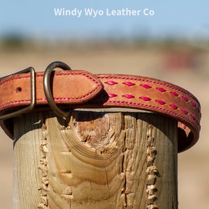 Handmade Leather Dog Collar: 1&quot; Pink Buckstitch, Adjustable
