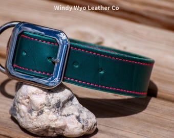 Handmade Leather Dog Collar: Wide 1.5" Teal and Pink, Adjustable