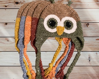 Crochet Owl Hat - Hemp/Acrylic - Choose Color and Size