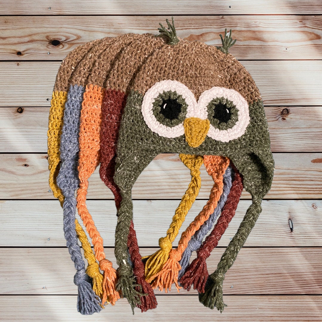 Crochet Owl Hat - Hemp/Acrylic - Choose Color and Size