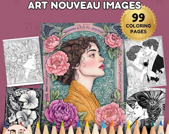 Art Nouveau Images Coloring Book INSTANT DOWNLOAD 99 Coloring Pages + 2 Inspirational Color Images, Letter-Size Paper, Digital Download.