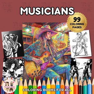 Musicians Coloring Book INSTANT DOWNLOAD 99 Coloring Pages + 2 Inspirational Color Images, Letter-Size Paper, Digital Download.