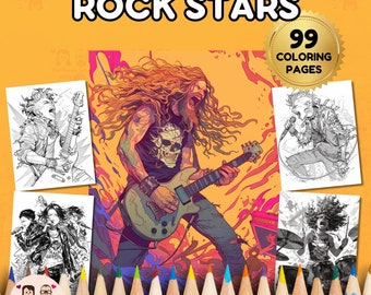 Livre à colorier Rock Stars TÉLÉCHARGEMENT IMMÉDIAT 99 pages à colorier sur le thème rock + 2 images couleurs inspirantes, papier format lettre, téléchargement numérique.