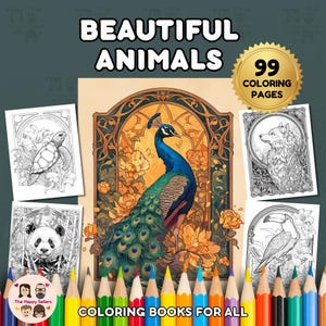 Bellissimo libro da colorare con animali DOWNLOAD IMMEDIATO 99 pagine da colorare + 2 immagini a colori ispiratrici, carta formato lettera, download digitale.