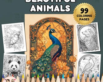 May include: A collection of coloring books featuring the text "BEAUTIFUL ANIMALS" and "COLORING BOOKS FOR ALL". The image showcases a peacock illustration, along with several animal coloring pages and a "99 COLORING PAGES" badge. A row of colored pencils lines the bottom.