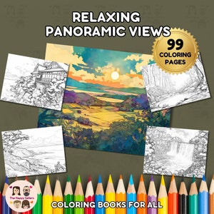 Relaksujące widoki panoramiczne NATYCHMIASTOWE POBIERANIE 99 kolorowanek + 2 inspirujące kolorowe obrazy, papier w formacie Letter, pobieranie cyfrowe.