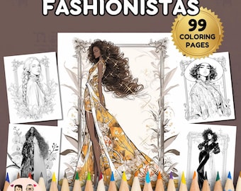 Libro para colorear Fashionistas DESCARGA INSTANTÁNEA 99 páginas para colorear de moda + 2 imágenes en color inspiradoras, papel tamaño carta, descarga digital.