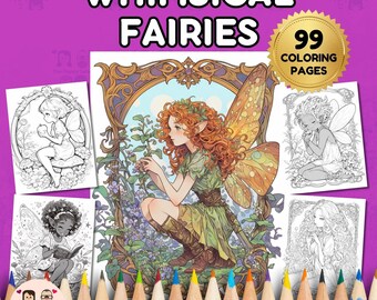 Libro para colorear de hadas caprichosas DESCARGA INSTANTÁNEA 99 páginas para colorear + 2 imágenes en color inspiradoras, papel tamaño carta, descarga digital.