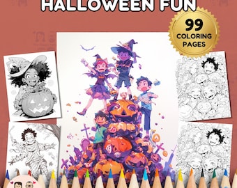 Puede incluir: Una colección de libros para colorear con temática de Halloween. La imagen muestra el texto "HALLOWEEN FUN" y "COLORING BOOKS FOR ALL". Las páginas para colorear incluyen ilustraciones de niños disfrazados, calabazas y otras imágenes de Halloween. También se ven lápices de colores.