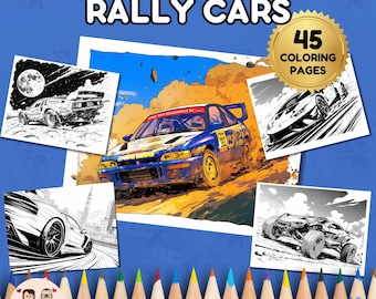 May include: A collection of rally car coloring pages. The cover features a blue and yellow rally car kicking up dirt. The text reads "RALLY CARS" and "45 COLORING PAGES". The bottom of the image says "COLORING BOOKS FOR ALL".