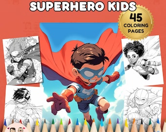 May include: Superhero Kids coloring book with 45 pages. The cover features a cartoon illustration of a boy in a superhero costume. The image includes several black and white coloring pages and a row of colorful pencils at the bottom.