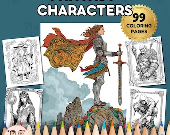 May include: A coloring book cover featuring fantasy characters. The cover shows a female knight in armor with a sword and a flowing cape. The title "Fantasy Characters" is at the top of the cover, and the text "99 Coloring Pages" is in a gold starburst. The book is advertised as "Coloring Books for All".