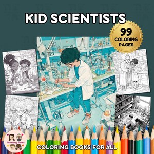 Livro de colorir para crianças cientistas DOWNLOAD INSTANTÂNEO 99 páginas para colorir + 2 imagens coloridas inspiradoras, papel tamanho carta, download digital.