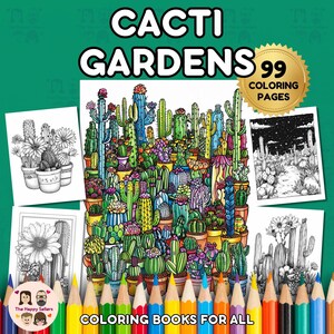 Libro para colorear de jardines de cactus DESCARGA INSTANTÁNEA 99 páginas para colorear únicas + 2 imágenes en color inspiradoras, papel tamaño carta, descarga digital.